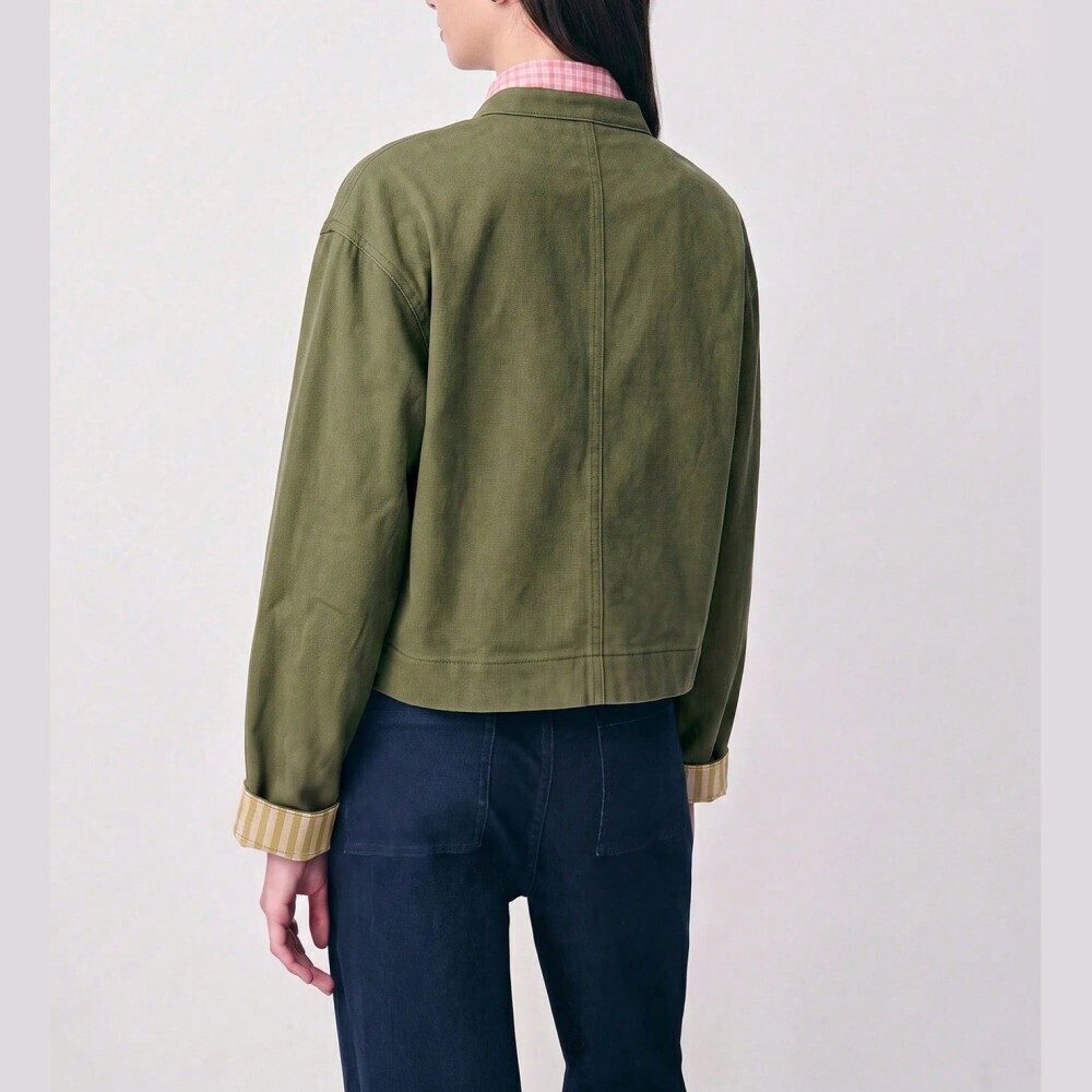 Olive Green Round Denim Jacket with Frog Button Closures - Picture 3 of 7
